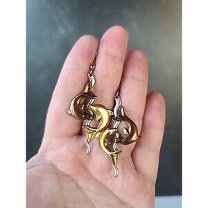 Tricolored Dolphin Shaped Dangling Pierced Earrings Vintage Costume Jewelry,READ